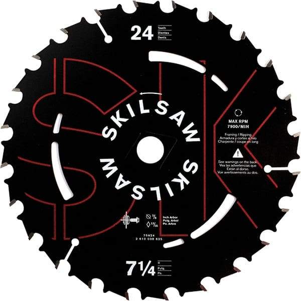 Skilsaw - 7-1/4" Diam, 5/8" Arbor Hole Diam, 24 Tooth Wet & Dry Cut Saw Blade - Carbide-Tipped, Cutoff Action, Diamond Arbor - Benchmark Tooling