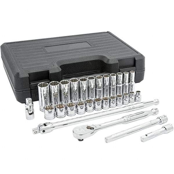 GearWrench - 29 Piece 3/8" Drive Chrome Finish Deep Well Socket Set - 12 Points, 8mm to 19mm Range, Inch/Metric Measurement Standard - Benchmark Tooling