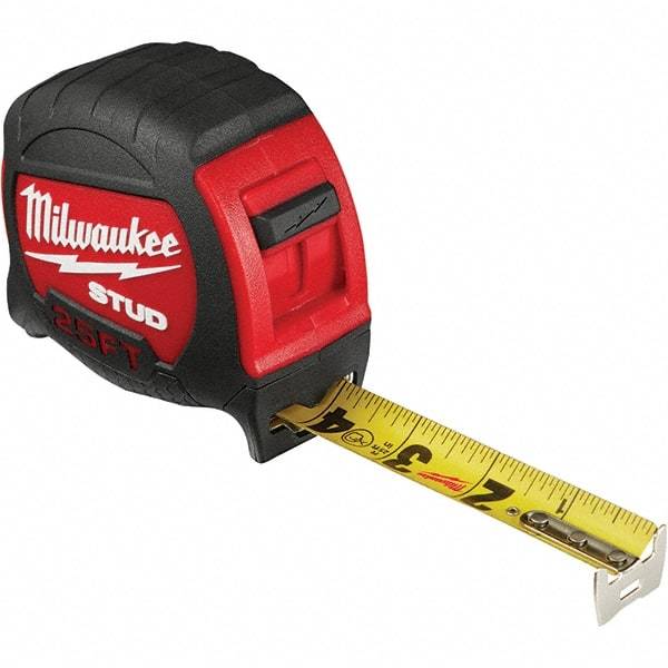 Milwaukee Tool - 25' x 1" Yellow Steel Blade Tape Measure - 1/16" & 1/10' Graduation, Inch Graduation Style, Red/Black Plastic Case - Benchmark Tooling