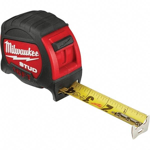 Milwaukee Tool - 16' x 1" Yellow Steel Blade Tape Measure - 1/16" & 1/10' Graduation, Inch Graduation Style, Red/Black Plastic Case - Benchmark Tooling