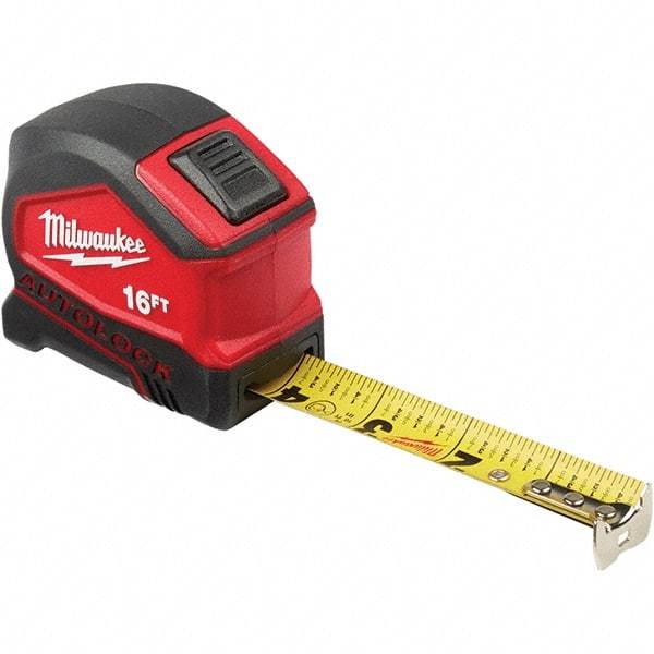 Milwaukee Tool - 16' x 1" Yellow Steel Blade Tape Measure - 1/16" & 1/10' Graduation, Inch Graduation Style, Red/Black Plastic Case - Benchmark Tooling