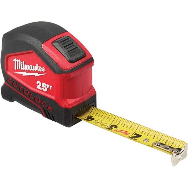 Milwaukee Tool - 25' x 1" Yellow Steel Blade Tape Measure - 1/16" & 1/10' Graduation, Inch Graduation Style, Red/Black Plastic Case - Benchmark Tooling