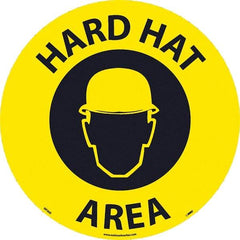 NMC - Hard Hat Area, Anti-Skid Pressure-Sensitive Vinyl Floor Sign - Round, Black on Yellow, Adhesive Backed, For Restroom, Janitorial & Housekeeping - Benchmark Tooling