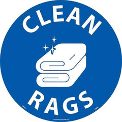 NMC - Clean Rags, Anti-Skid Pressure-Sensitive Vinyl Floor Sign - Round, White on Blue, Adhesive Backed, For Restroom, Janitorial & Housekeeping - Benchmark Tooling