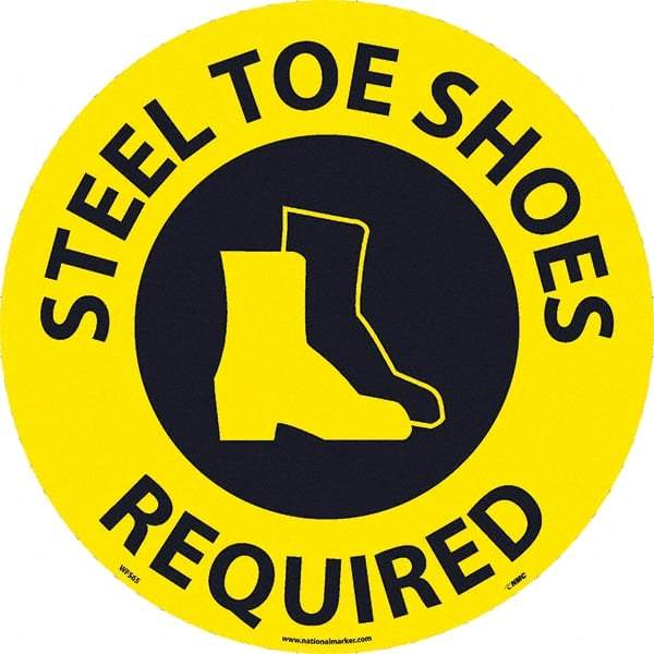 NMC - Steel Toe Shoes Required, Anti-Skid Pressure-Sensitive Vinyl Floor Sign - Round, Black on Yellow, Adhesive Backed, For Restroom, Janitorial & Housekeeping - Benchmark Tooling