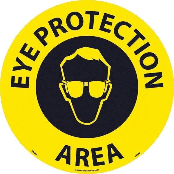 NMC - Eye Protection Area, Anti-Skid Pressure-Sensitive Vinyl Floor Sign - Round, Black on Yellow, Adhesive Backed, For Restroom, Janitorial & Housekeeping - Benchmark Tooling