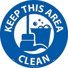 NMC - Keep This Area Clean, Anti-Skid Pressure-Sensitive Vinyl Floor Sign - Round, White on Blue, Adhesive Backed, For Restroom, Janitorial & Housekeeping - Benchmark Tooling