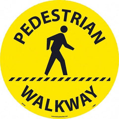 NMC - Pedestrian Walkway, Anti-Skid Pressure-Sensitive Vinyl Floor Sign - Round, Black on Yellow, Adhesive Backed, For Restroom, Janitorial & Housekeeping - Benchmark Tooling