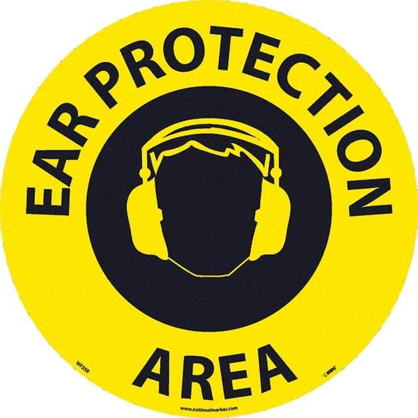 NMC - Ear Protection Area, Anti-Skid Pressure-Sensitive Vinyl Floor Sign - Round, Black on Yellow, Adhesive Backed, For Restroom, Janitorial & Housekeeping - Benchmark Tooling