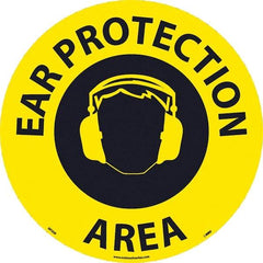 NMC - Ear Protection Area, Anti-Skid Pressure-Sensitive Vinyl Floor Sign - Round, Black on Yellow, Adhesive Backed, For Restroom, Janitorial & Housekeeping - Benchmark Tooling