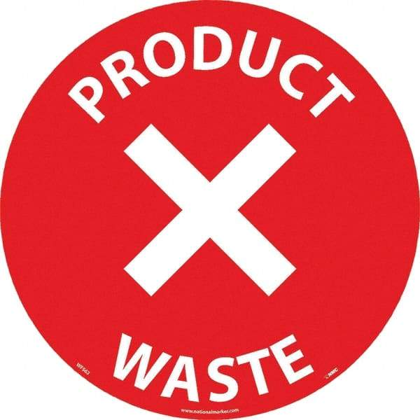 NMC - Product Waste, Anti-Skid Pressure-Sensitive Vinyl Floor Sign - Round, White on Red, Adhesive Backed, For Restroom, Janitorial & Housekeeping - Benchmark Tooling