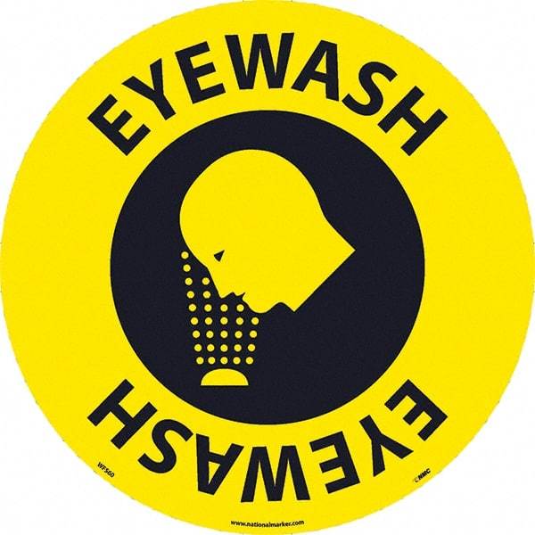 NMC - Eyewash, Anti-Skid Pressure-Sensitive Vinyl Floor Sign - Round, Black on Yellow, Adhesive Backed, For Restroom, Janitorial & Housekeeping - Benchmark Tooling