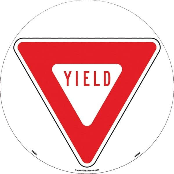 NMC - Yield, Anti-Skid Pressure-Sensitive Vinyl Floor Sign - Round, Red on White, Adhesive Backed, For Restroom, Janitorial & Housekeeping - Benchmark Tooling