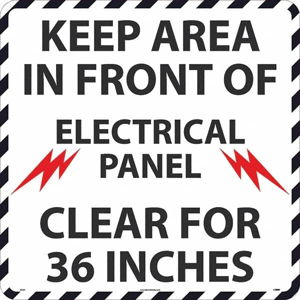 NMC - Keep Area in Front of Electrical Panel Clear 36", Anti-Skid Pressure-Sensitive Vinyl Floor Sign - Round, Black on White, Adhesive Backed, For Restroom, Janitorial & Housekeeping - Benchmark Tooling