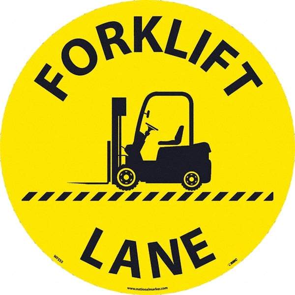 NMC - Forklift Lane, Anti-Skid Pressure-Sensitive Vinyl Floor Sign - Round, Black on Yellow, Adhesive Backed, For Restroom, Janitorial & Housekeeping - Benchmark Tooling