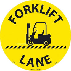 NMC - Forklift Lane, Anti-Skid Pressure-Sensitive Vinyl Floor Sign - Round, Black on Yellow, Adhesive Backed, For Restroom, Janitorial & Housekeeping - Benchmark Tooling