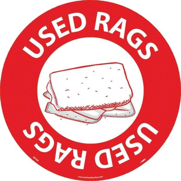 NMC - Used Rags, Anti-Skid Pressure-Sensitive Vinyl Floor Sign - Round, White on Red, Adhesive Backed, For Restroom, Janitorial & Housekeeping - Benchmark Tooling