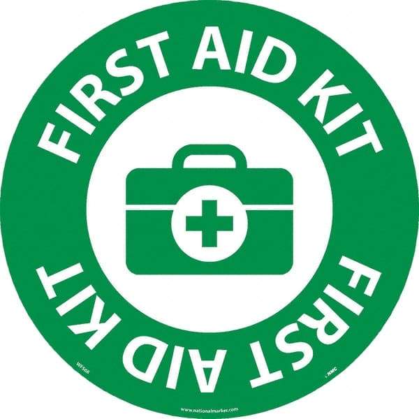 NMC - First Aid Kit, Anti-Skid Pressure-Sensitive Vinyl Floor Sign - Round, White on Green, Adhesive Backed, For Restroom, Janitorial & Housekeeping - Benchmark Tooling