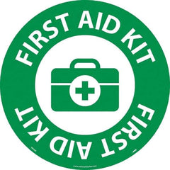 NMC - First Aid Kit, Anti-Skid Pressure-Sensitive Vinyl Floor Sign - Round, White on Green, Adhesive Backed, For Restroom, Janitorial & Housekeeping - Benchmark Tooling