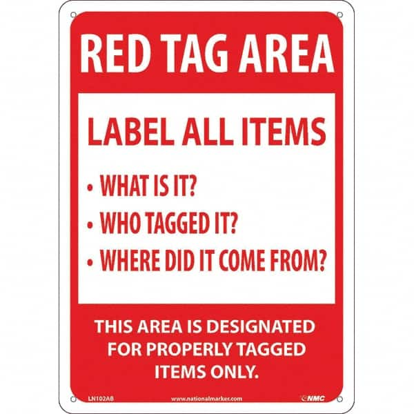 NMC - "Red Tag Area Label All Items Sign", 10" Long x 14" Wide, Aluminum Safety Sign - Rectangular, Use for Workplace/Safety - Benchmark Tooling