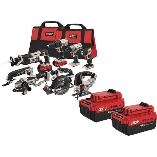 Porter-Cable - 20 Volt Cordless Tool Combination Kit - Includes 1/2" Drill/Driver, 1/4" Impact Driver, 6-1/2" Circular Saw, Reciprocating Tiger Saw, Jig Saw, Oscillating Multi-Tool, Cut-Off Tool, Grinder & Flashlight, Lithium-Ion Battery Included - Benchmark Tooling