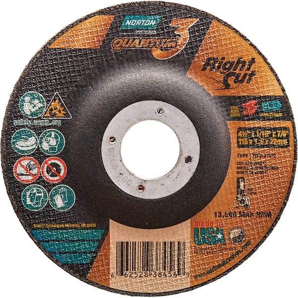 Norton - 36 Grit, 4-1/2" Wheel Diam, 1/16" Wheel Thickness, 7/8" Arbor Hole, Type 27 Depressed Center Wheel - Coarse Grade, Ceramic Alumina, Resinoid Bond, 13,580 Max RPM - Benchmark Tooling