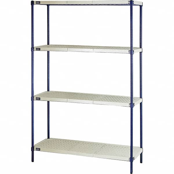 Quantum Storage - 72" High x 18" Wide x 48" Deep, 4 Shelf Ventilated Structural Open Plastic Shelving with Legs - Blue/White, 600 Lb Capacity - Benchmark Tooling