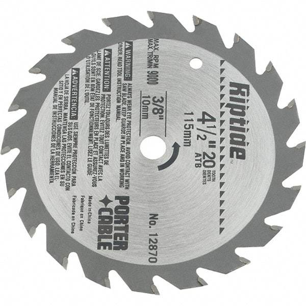 Porter-Cable - 4-1/2" Diam, 3/8" Arbor Hole Diam, 20 Tooth Wet & Dry Cut Saw Blade - Carbide-Tipped, Ripping Action, Standard Round Arbor - Benchmark Tooling