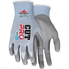 MCR Safety - Size S, ANSI Cut Lvl A2, Polyurethane Coated HPPE Fiber/Stainless Steel Cut Resistant Gloves - Palm & Fingers Coated, HPPE/Stainless Steel Blend Lining, Knit Wrist, Blue, Paired - Benchmark Tooling