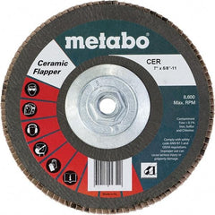 Metabo - 60 Grit, 7" Disc Diam, 5/8-11 Center Hole, Type 29 Ceramic Flap Disc - 8,600 Max RPM, Fiberglass Backing, Arbor Attaching System, Coated - Benchmark Tooling