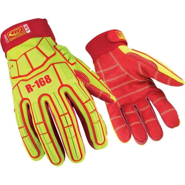 Ringers Gloves - Size L, ANSI Cut Lvl A5, PVC Cut & Puncture Resistant Gloves - Slip-On Cuff, Hi-Vis Yellow/Red, Paired - Benchmark Tooling