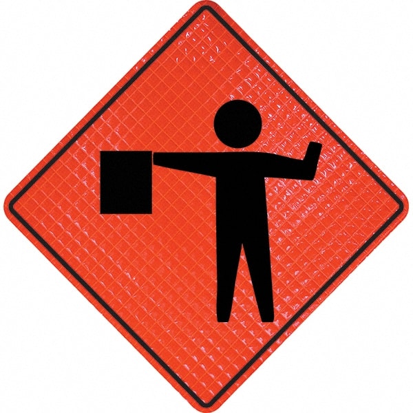 PRO-SAFE - Worker with Directional Flag, 48" Wide x 48" High Vinyl Traffic Control Sign - Benchmark Tooling