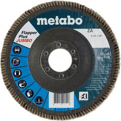 Metabo - 80 Grit, 4-1/2" Disc Diam, 7/8" Center Hole, Type 27 Zirconia Alumina Flap Disc - 13,300 Max RPM, Fiberglass Backing, Arbor Attaching System, Coated - Benchmark Tooling