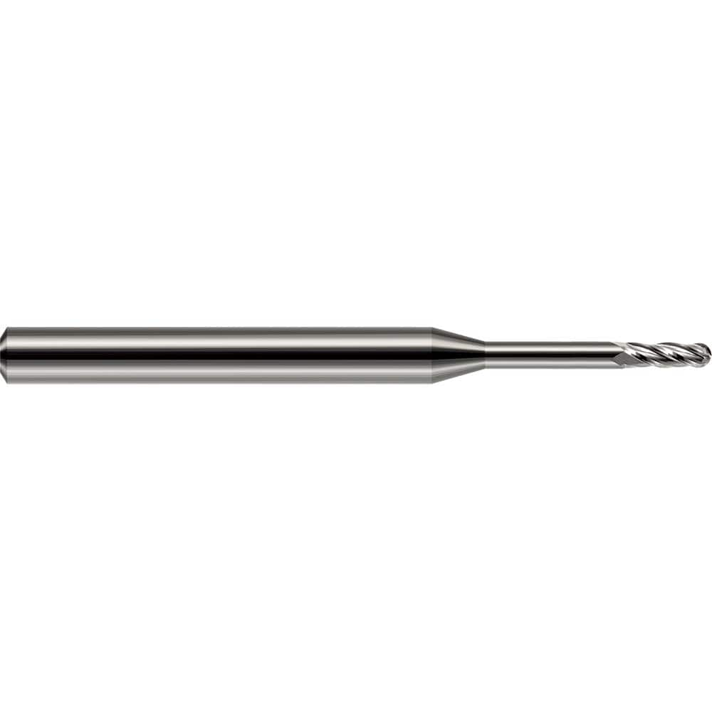 Ball End Mill: 0.078″ Dia, 0.234″ LOC, 4 Flute, Solid Carbide 2″ OAL, 1/8″ Shank Dia, 30 ° Helix, Uncoated, Single End