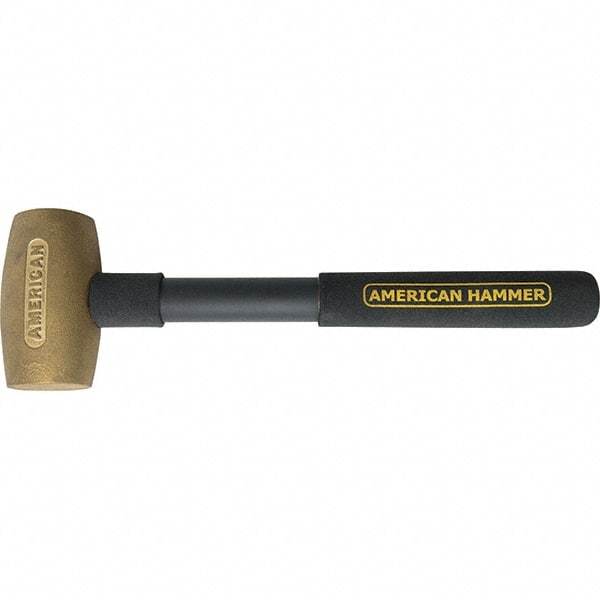 American Hammer - 3-1/2 Lb Brass Nonsparking Hammer - 14" OAL, 3-1/2" Head Length, 2" Face Diam, 14" Steel with Grip Handle - Benchmark Tooling