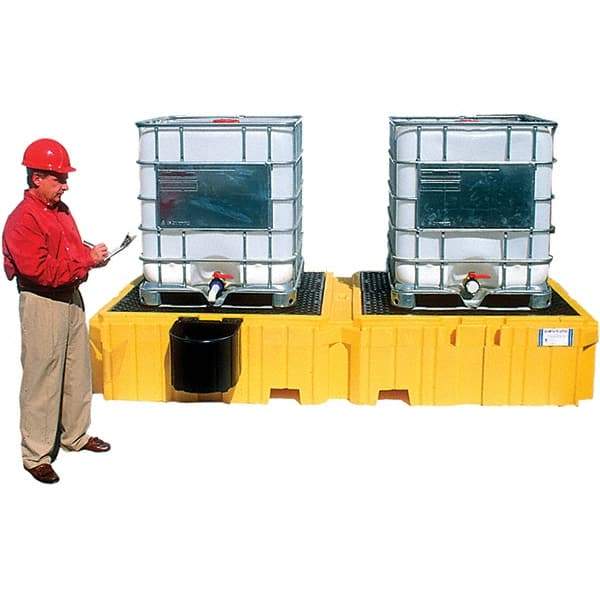 UltraTech - 535 Gal Sump Capacity, Polyethylene TWIN IBC Spill Pallet, Left Side Bucket - 61.6" Long x 22" Wide x 124-1/2" High, 8,000 Lb Capacity, 2 Totes, Includes 1 Left Side Bucket Shelf - Benchmark Tooling