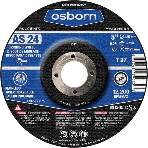 Osborn - 24 Grit, 5" Wheel Diam, 1/4" Wheel Thickness, 7/8" Arbor Hole, Type 27 Depressed Center Wheel - Coarse Grade, Aluminum Oxide, 12,225 Max RPM - Benchmark Tooling