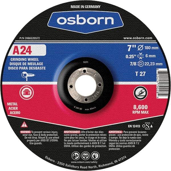 Osborn - 24 Grit, 7" Wheel Diam, 1/4" Wheel Thickness, 7/8" Arbor Hole, Type 27 Depressed Center Wheel - Coarse Grade, Aluminum Oxide, 8,600 Max RPM - Benchmark Tooling