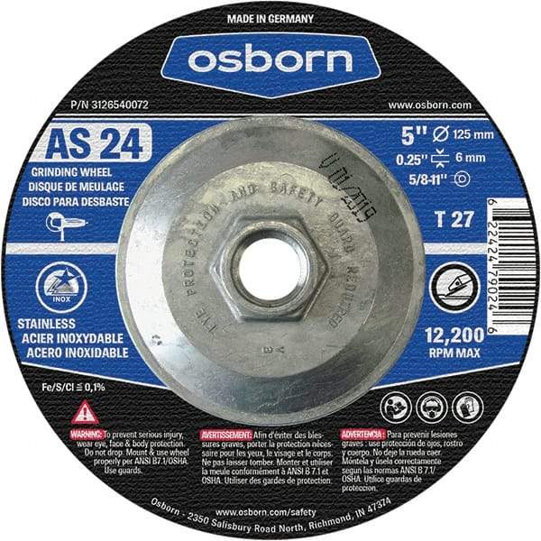 Osborn - 24 Grit, 5" Wheel Diam, 1/4" Wheel Thickness, Type 27 Depressed Center Wheel - Coarse Grade, Aluminum Oxide, 12,225 Max RPM - Benchmark Tooling