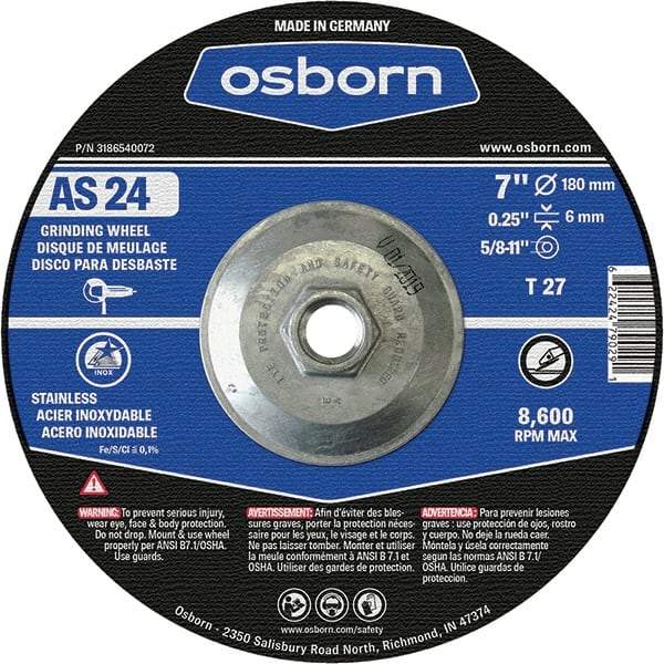 Osborn - 24 Grit, 7" Wheel Diam, 1/4" Wheel Thickness, Type 27 Depressed Center Wheel - Coarse Grade, Aluminum Oxide, 8,600 Max RPM - Benchmark Tooling
