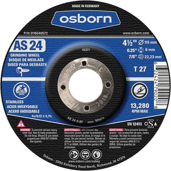 Osborn - 24 Grit, 4-1/2" Wheel Diam, 1/4" Wheel Thickness, 7/8" Arbor Hole, Type 27 Depressed Center Wheel - Coarse Grade, Aluminum Oxide, 13,280 Max RPM - Benchmark Tooling