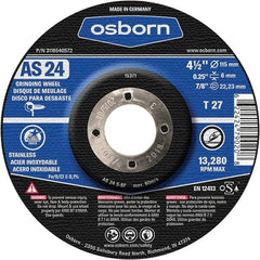 Osborn - 24 Grit, 4-1/2" Wheel Diam, 1/4" Wheel Thickness, 7/8" Arbor Hole, Type 27 Depressed Center Wheel - Coarse Grade, Aluminum Oxide, 13,280 Max RPM - Benchmark Tooling