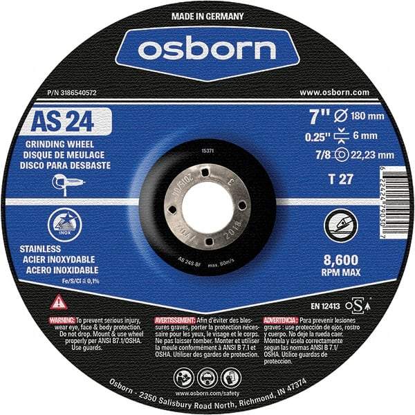 Osborn - 24 Grit, 7" Wheel Diam, 1/4" Wheel Thickness, 7/8" Arbor Hole, Type 27 Depressed Center Wheel - Coarse Grade, Aluminum Oxide, 8,600 Max RPM - Benchmark Tooling
