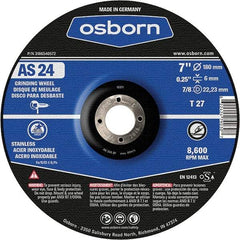 Osborn - 24 Grit, 7" Wheel Diam, 1/4" Wheel Thickness, 7/8" Arbor Hole, Type 27 Depressed Center Wheel - Coarse Grade, Aluminum Oxide, 8,600 Max RPM - Benchmark Tooling