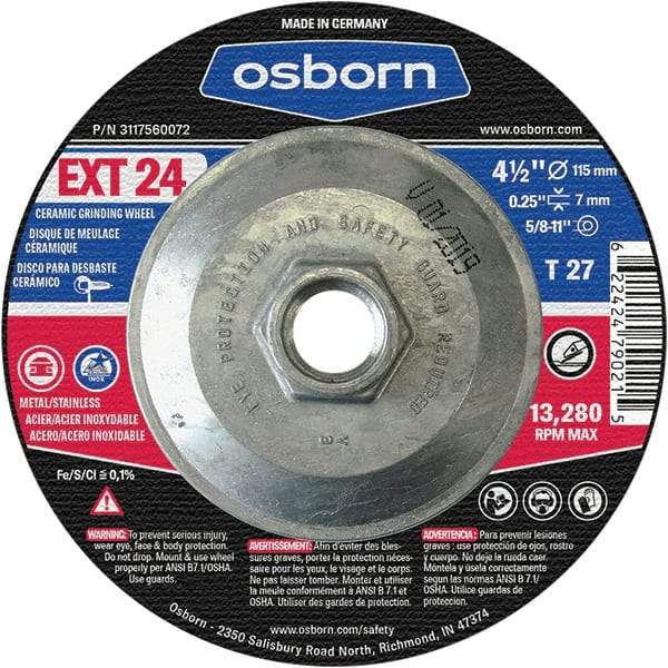 Osborn - 24 Grit, 4-1/2" Wheel Diam, 1/4" Wheel Thickness, Type 27 Depressed Center Wheel - Coarse Grade, Ceramic, 13,280 Max RPM - Benchmark Tooling