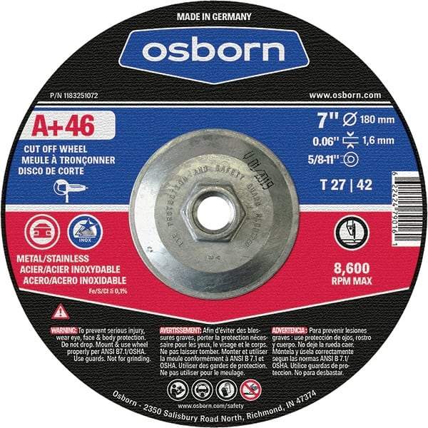 Osborn - 7" 46 Grit Aluminum Oxide Cutoff Wheel - 0.06" Thick, 5/8-11 Arbor, Use with Angle Grinders - Benchmark Tooling