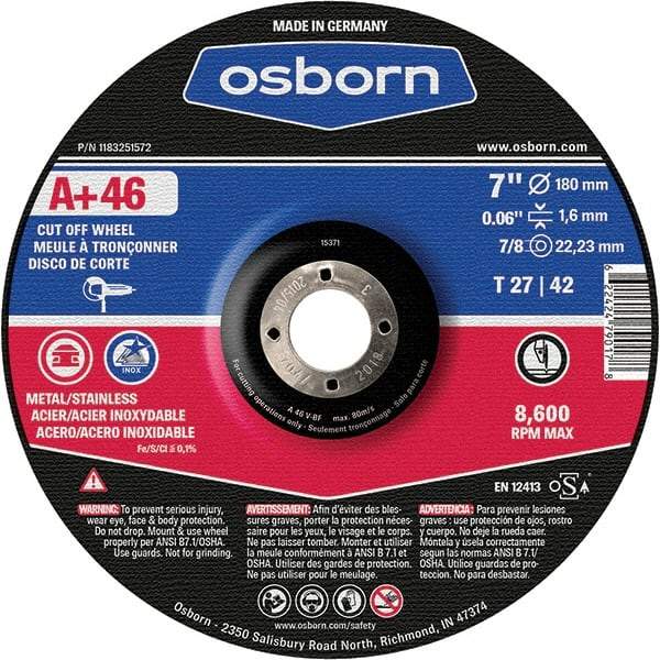 Osborn - 7" 46 Grit Aluminum Oxide Cutoff Wheel - 0.06" Thick, 7/8" Arbor, Use with Angle Grinders - Benchmark Tooling