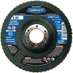 Osborn - 40 Grit, 4-1/2" Disc Diam, 7/8" Center Hole, Type 29 Zirconia Alumina Flap Disc - 13,280 Max RPM, Fiberglass Backing, Arbor Attaching System, Coated - Benchmark Tooling