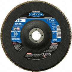 Osborn - 60 Grit, 7" Disc Diam, 7/8" Center Hole, Type 29 Zirconia Alumina Flap Disc - 8,600 Max RPM, Fiberglass Backing, Arbor Attaching System, Coated - Benchmark Tooling