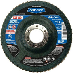 Osborn - 80 Grit, 4-1/2" Disc Diam, 7/8" Center Hole, Type 29 Ceramic Flap Disc - 13,280 Max RPM, Fiberglass Backing, Arbor Attaching System, Coated - Benchmark Tooling